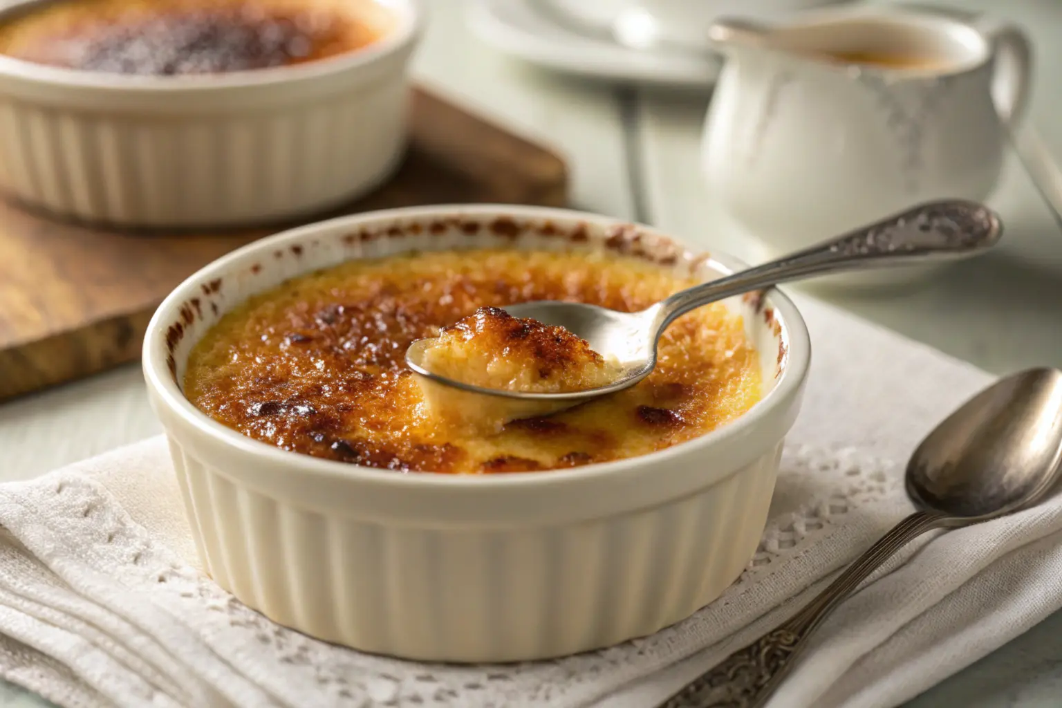 Close-up of a classic crème brûlée with caramelized sugar topping