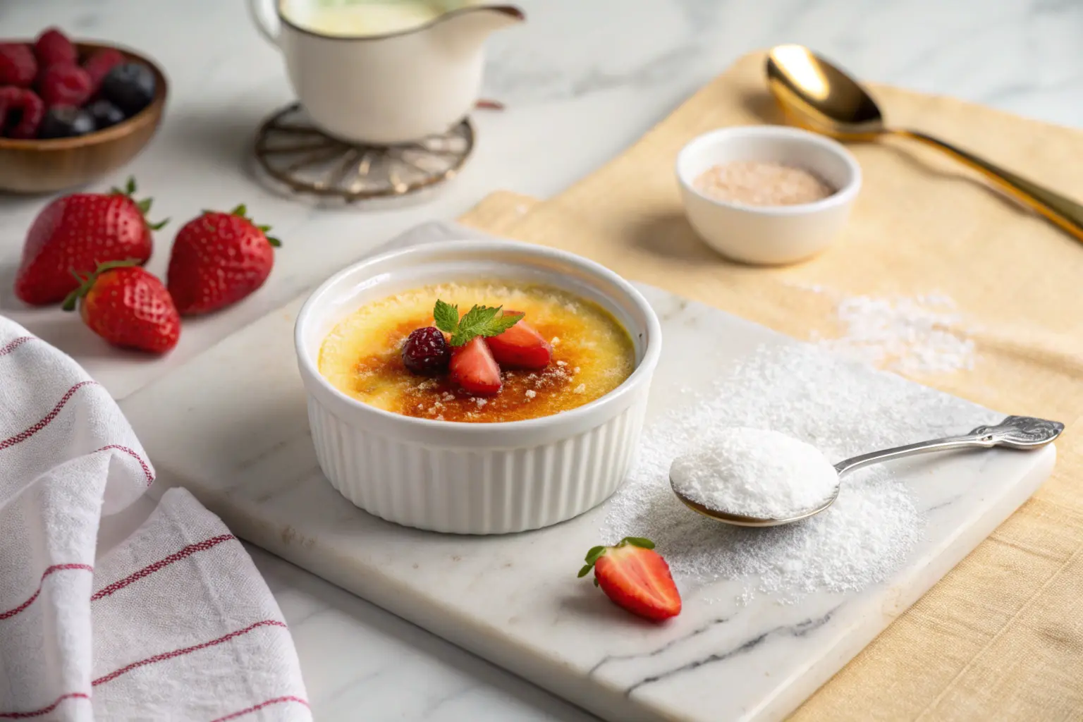 Chilled custard in a ramekin ready for caramelizing brulee