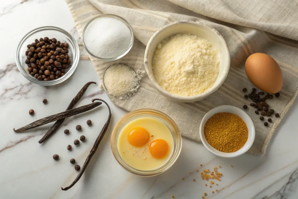 Key ingredients for crème brûlée including heavy cream, egg yolks, sugar, and vanilla