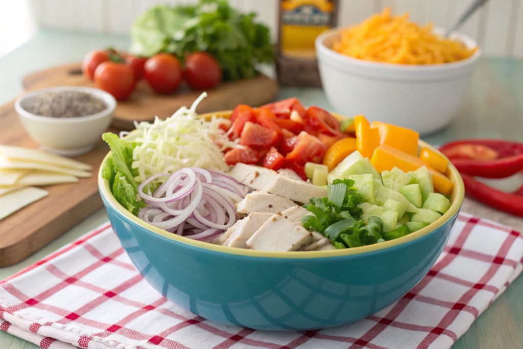 Bowl of sub in a tub ingredients with lettuce, turkey, tomatoes, bell peppers, onions, and cheese