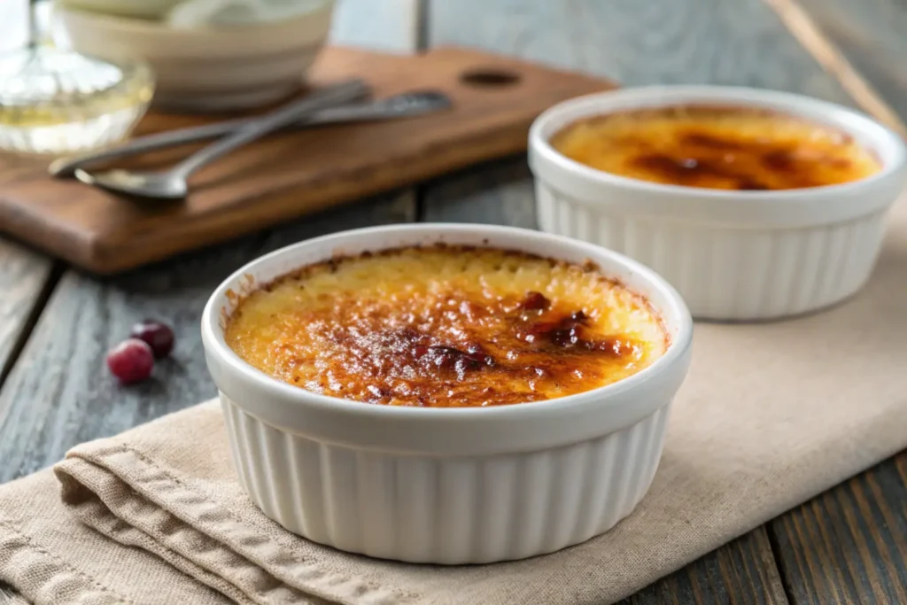 Classic crème brûlée dessert in a ramekin with caramelized sugar crust