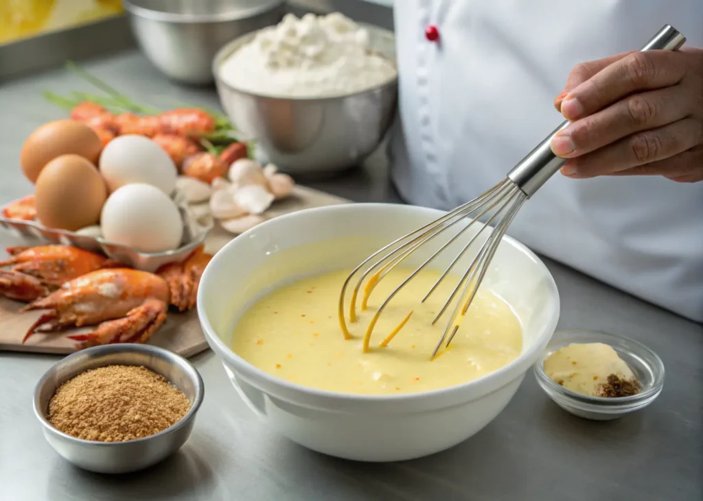 Whisking custard for a crab brulee recipe with fresh crab meat