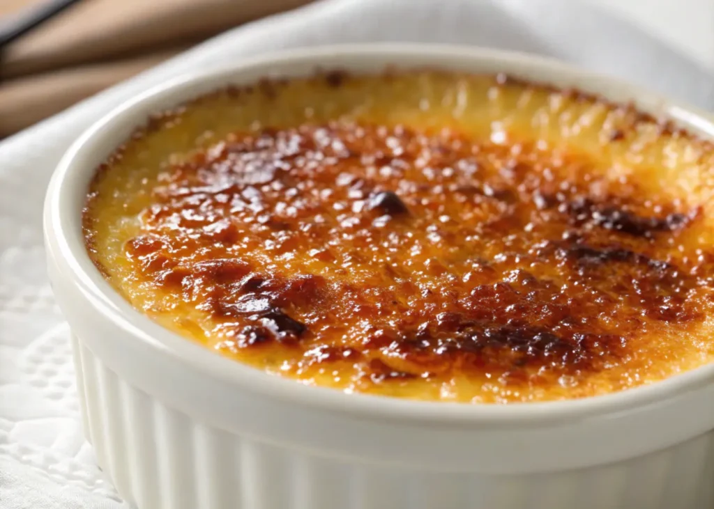 Close-up of a crab brulee recipe with a golden caramelized sugar crust