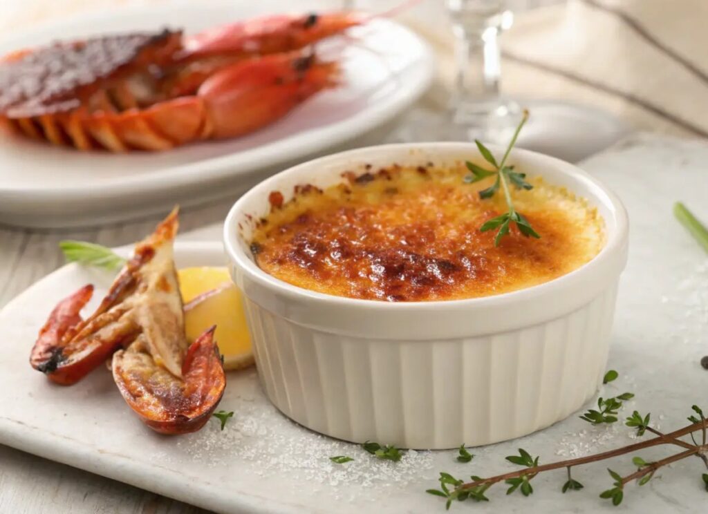 A beautifully caramelized crab brulee recipe served in a ramekin