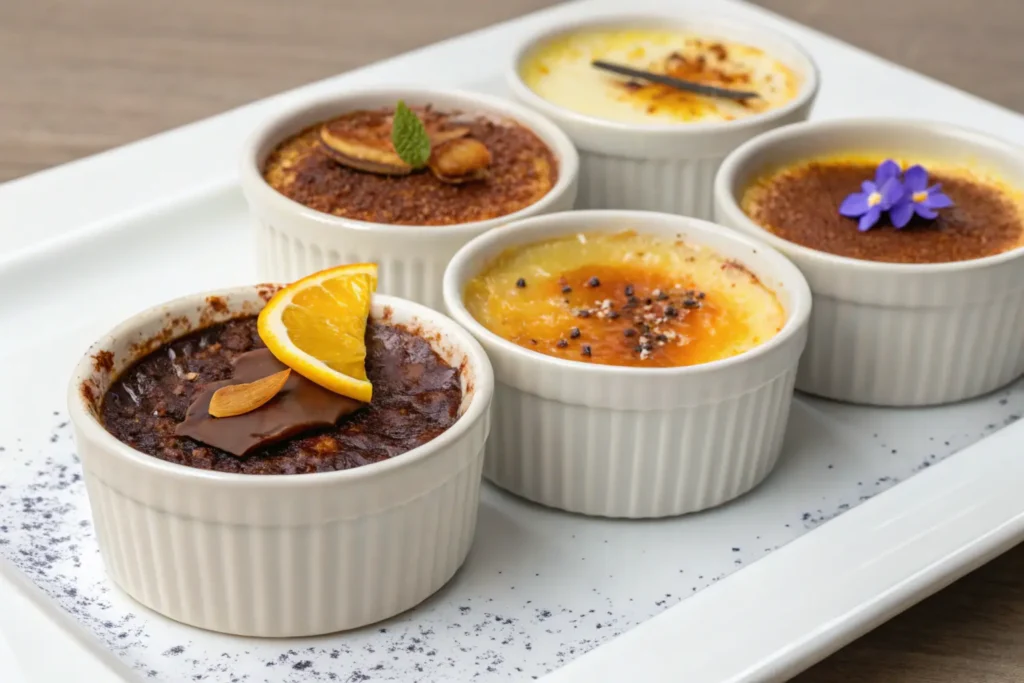 Different variations of crème brûlée: chocolate, citrus, coffee, and lavender