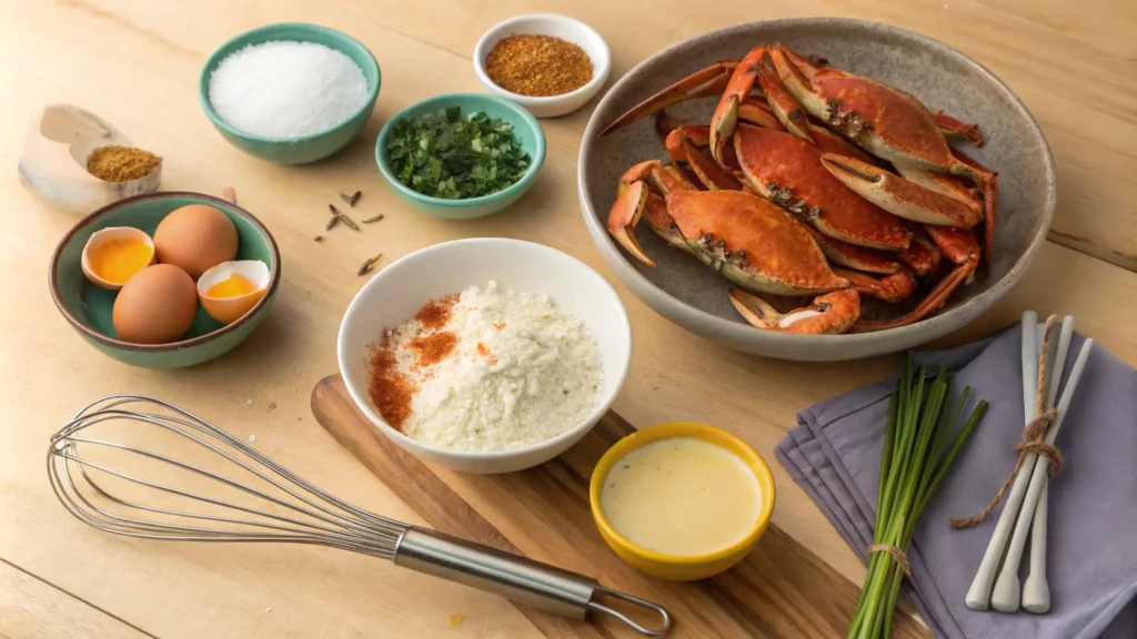 Ingredients for a crab brulee recipe, including fresh crab meat, cream, and eggs