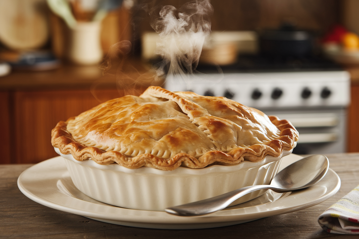 Freshly baked Pillsbury chicken pot pie on a plate