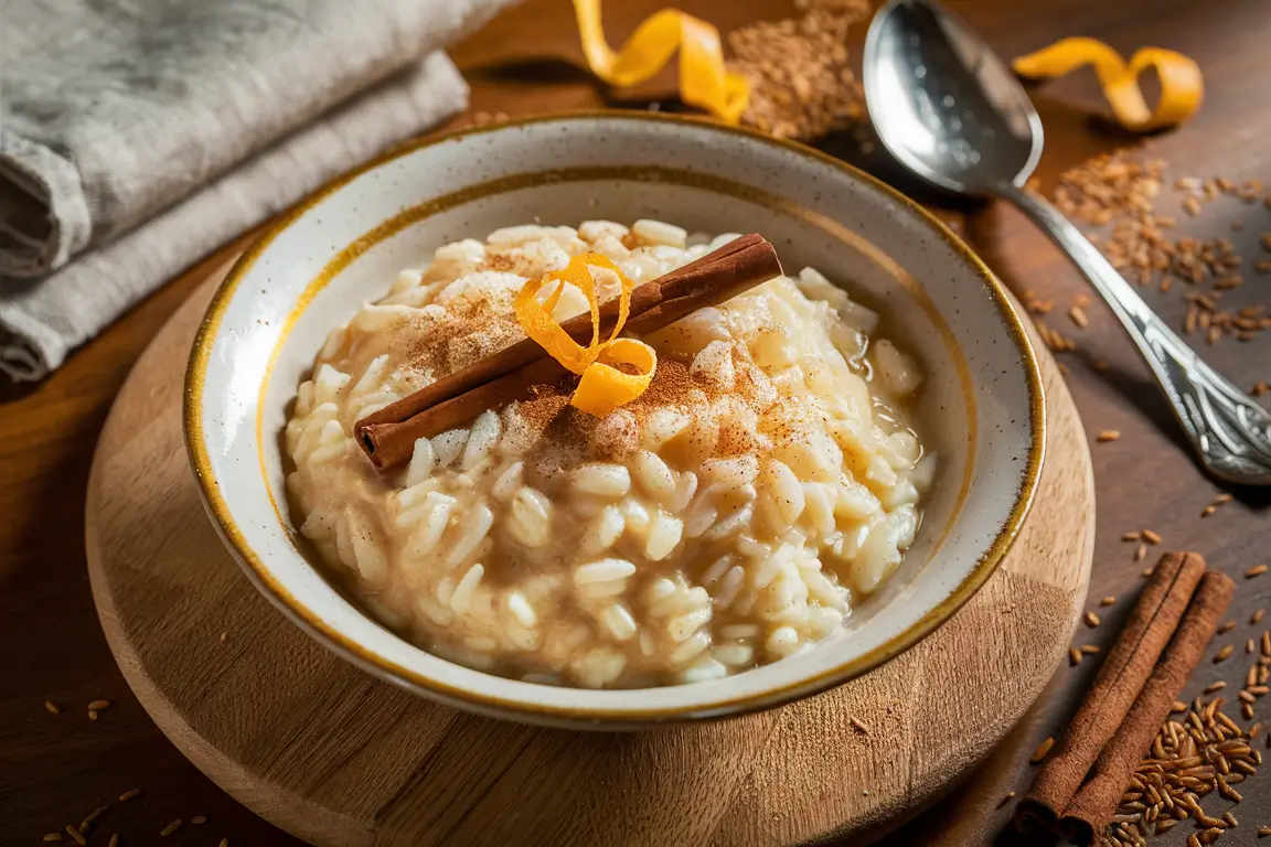 Bowl of creamy arroz con leche on a rustic table