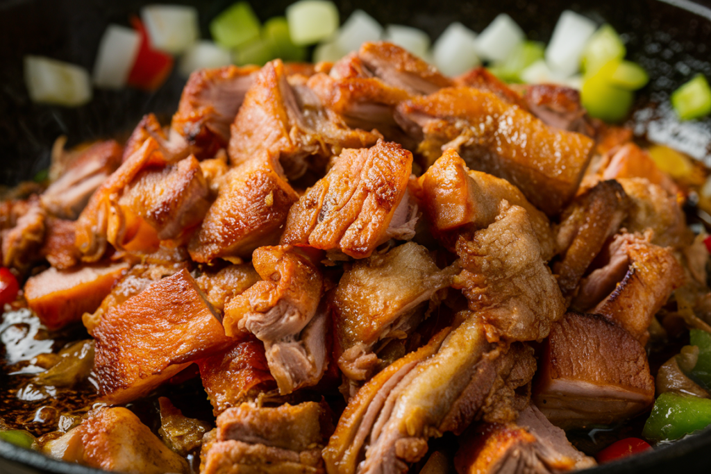 Cooking carnitas in a skillet for breakfast recipe