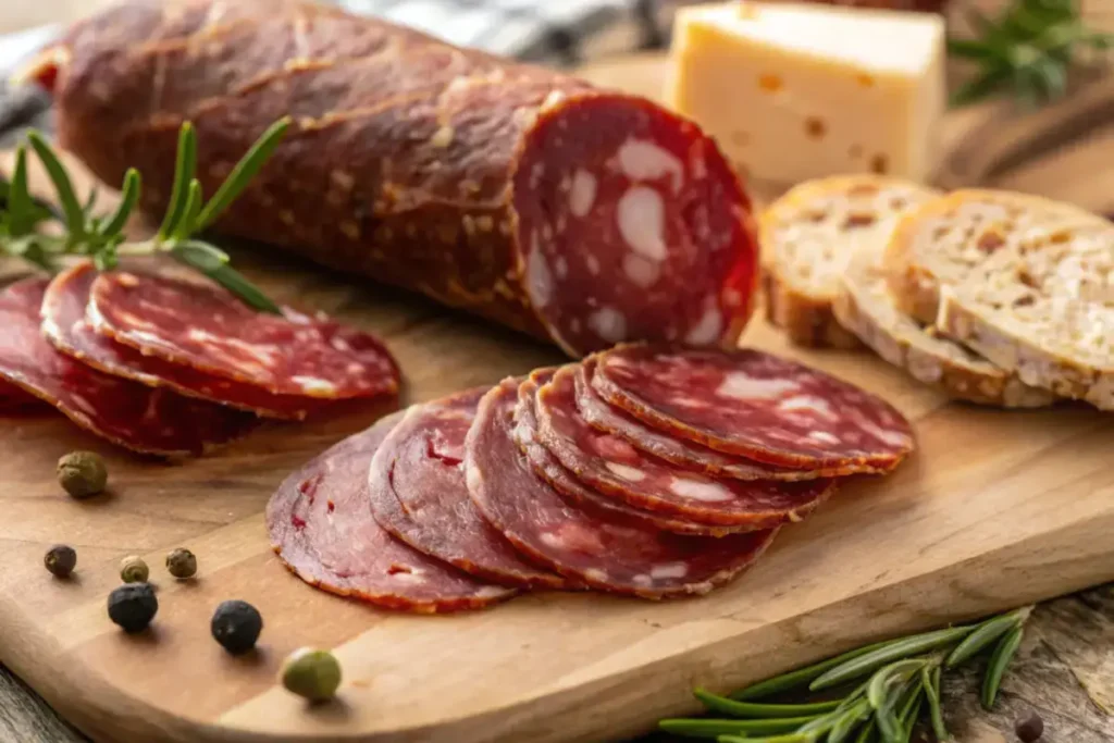 Sliced soppressata on a charcuterie board