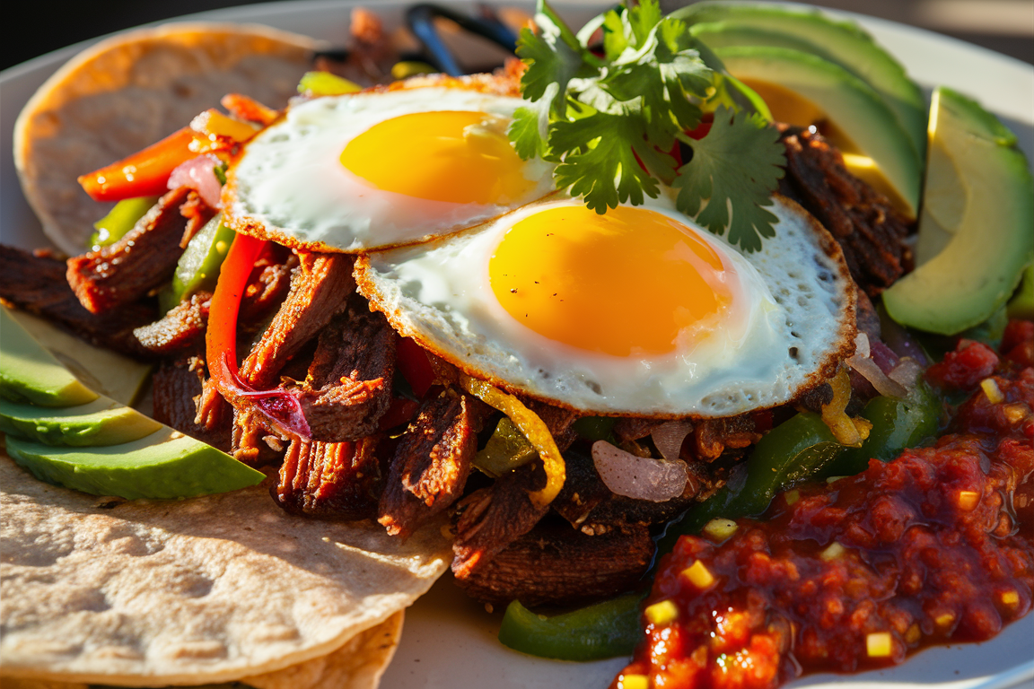 Carnitas breakfast recipe with eggs and avocado