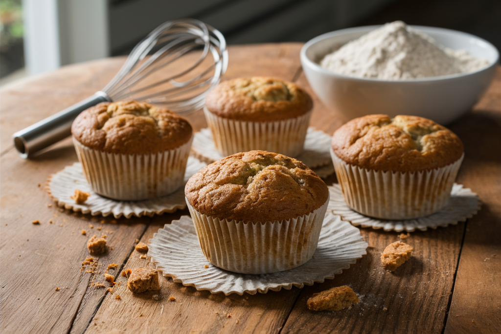 Crumbly almond flour muffins on a wooden table with baking tools.