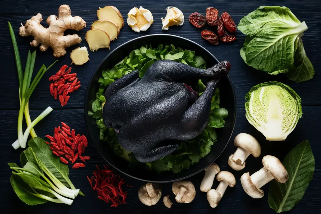 Fresh ingredients for black chicken soup on a wooden table