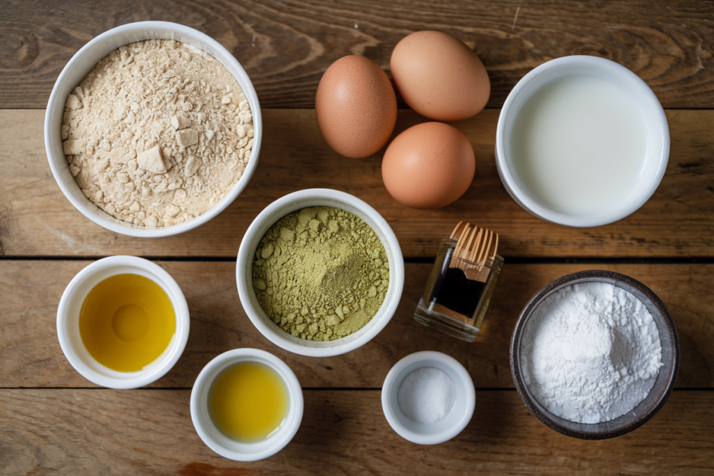 Ingredients for matcha muffin recipe with almond flour