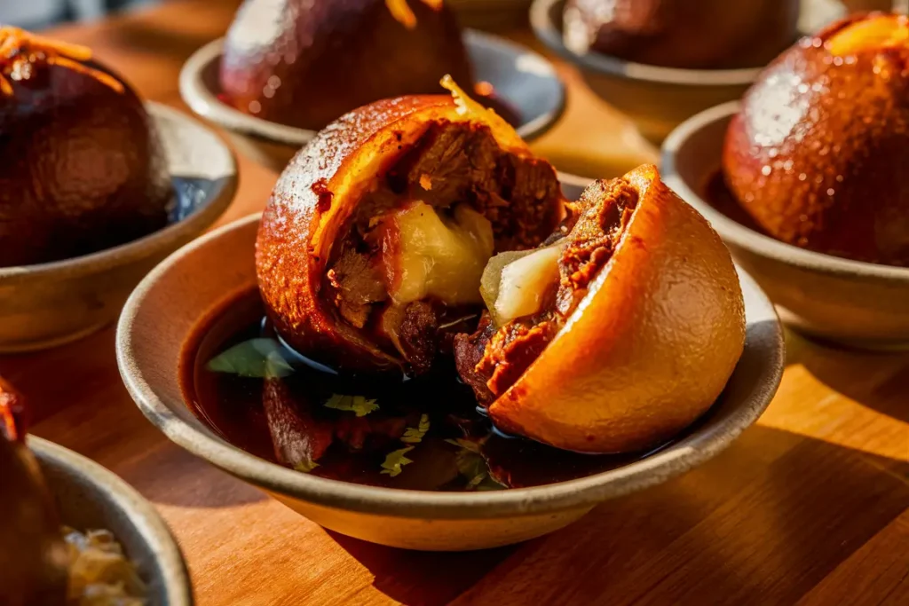 Golden-brown birria bombs with consommé