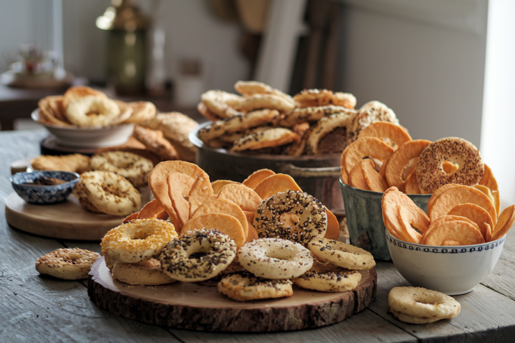 Assortment of homemade bagel chips on a table