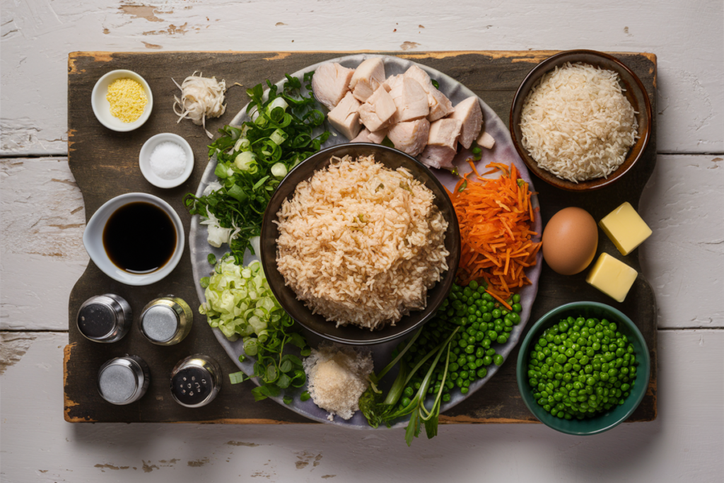 Hibachi grill with chicken, vegetables, and rice being cooked