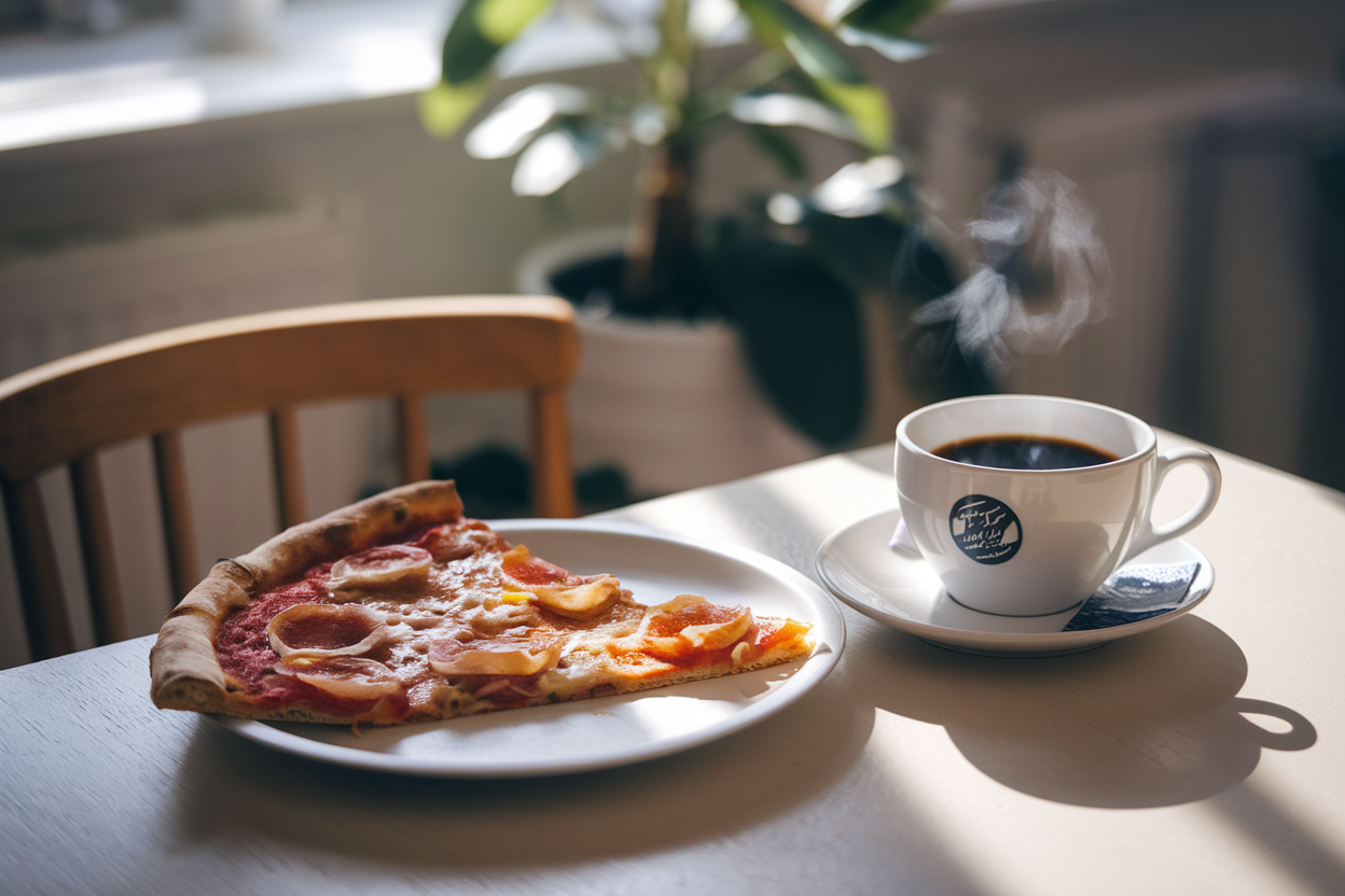 Cold pizza for breakfast with coffee, cold pizza breakfast