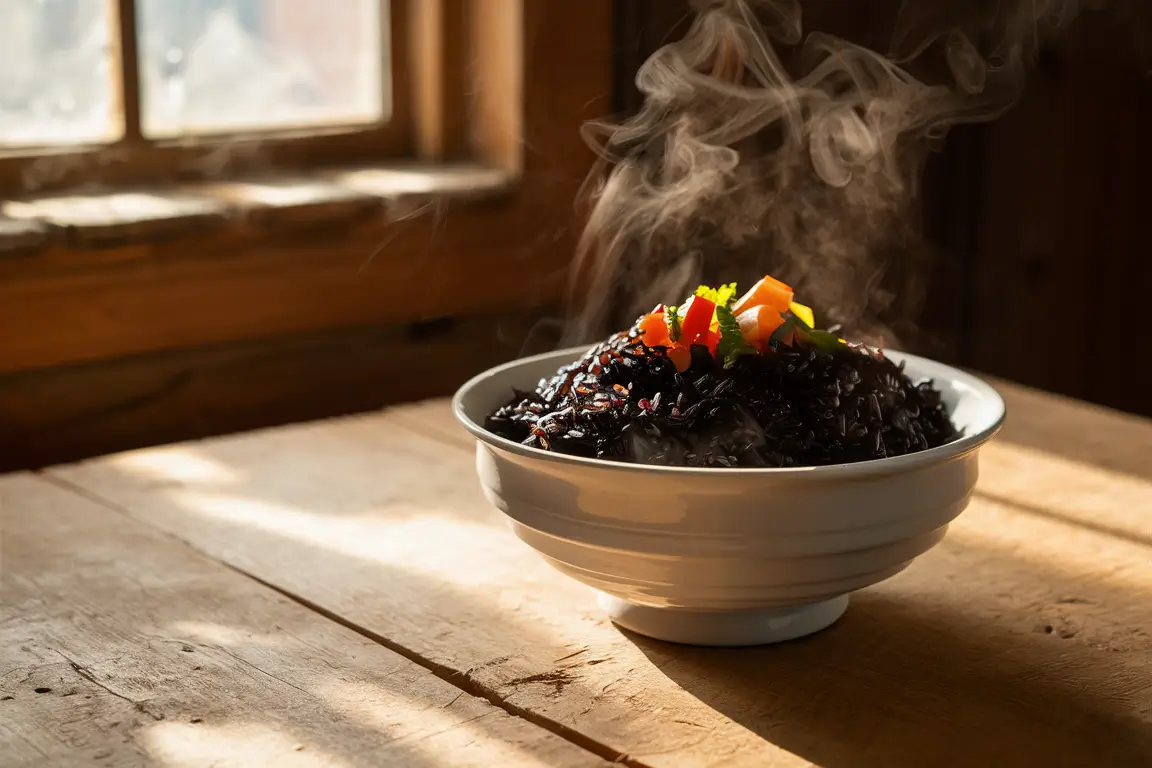 Bowl of cooked black rice on a rustic table