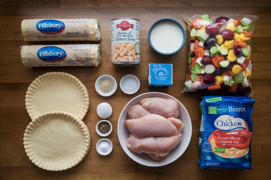 Items for Pillsbury chicken pot pie on a table