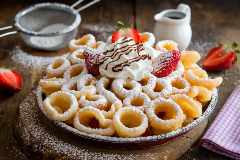 Freshly made funnel cake mix dessert on a plate