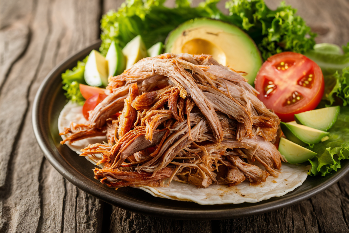 Carnitas with fresh vegetables on a rustic wooden table