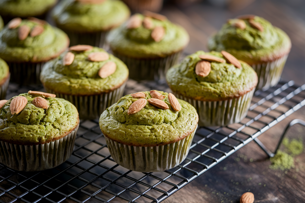 Freshly baked matcha muffins with almond flour on a cooling rack