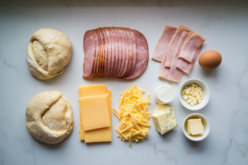 items for a ham and cheese croissant laid out.