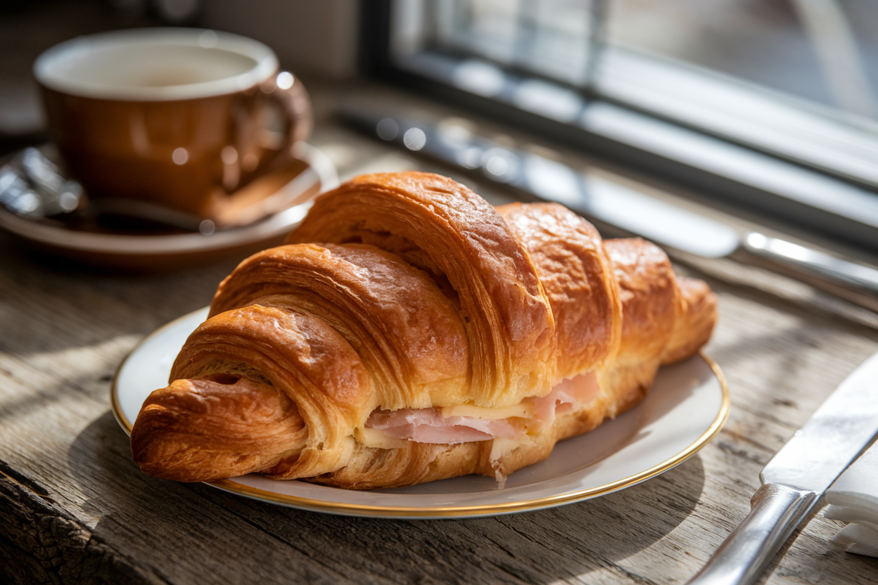 Golden ham and cheese croissant on a table.