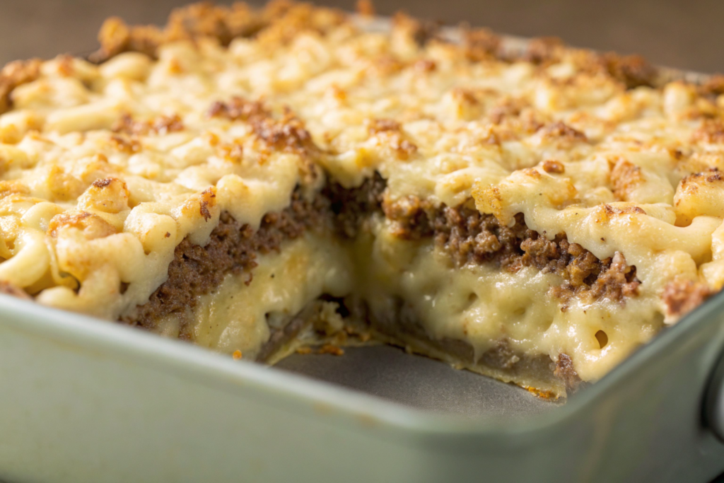 Mac and Cheese Meatloaf Casserole with golden breadcrumbs and melted cheese.