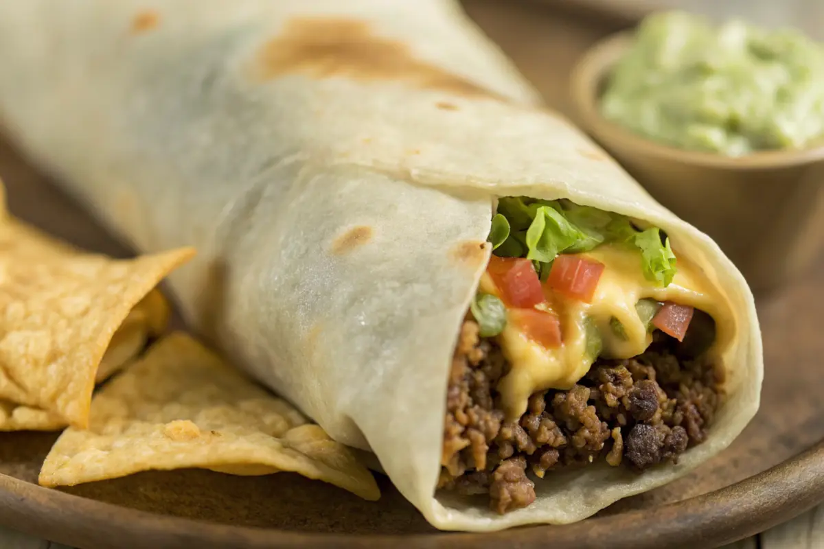 Close-up of a Beefy Melt Burrito with cheese, beef, lettuce, and tomatoes