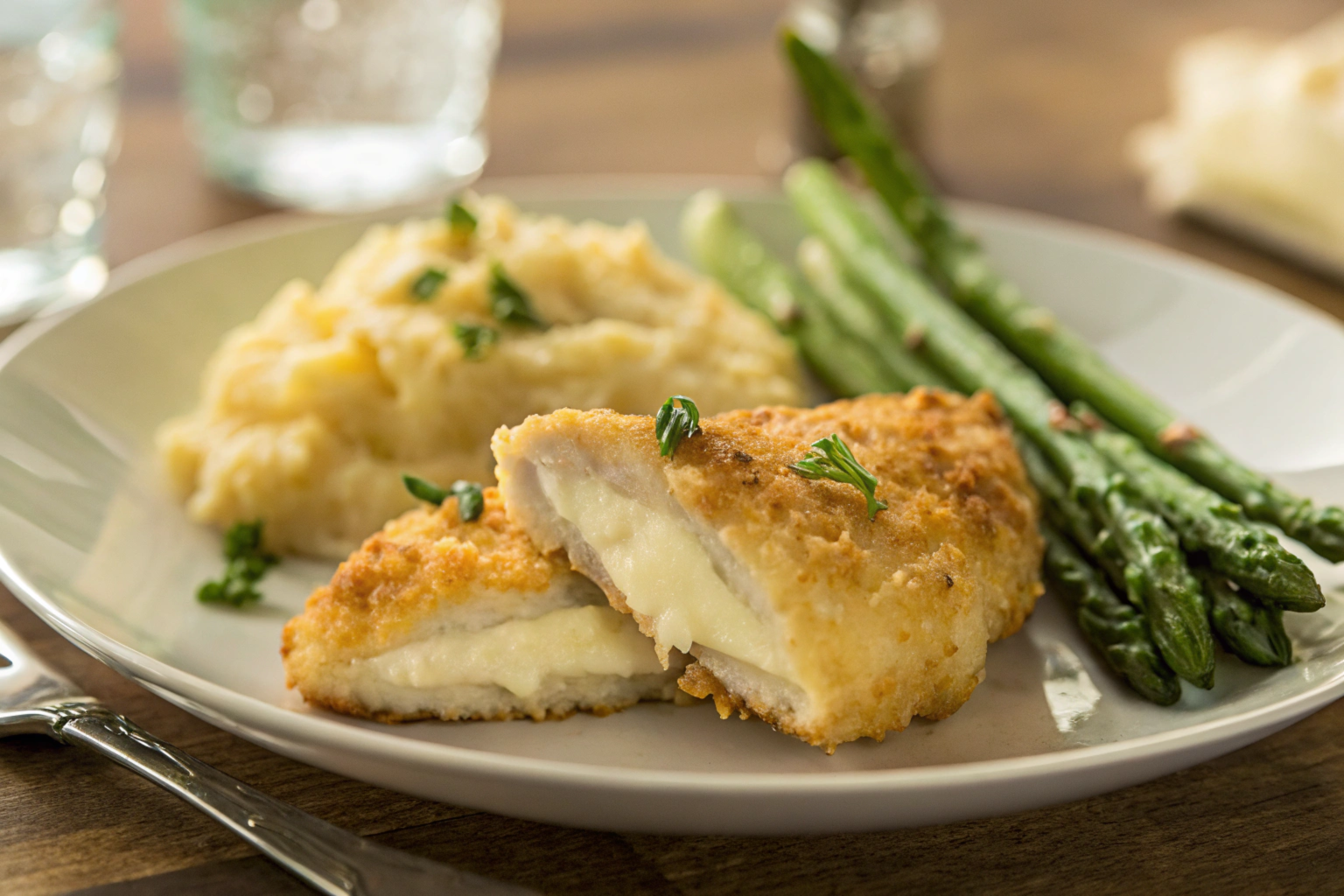 Longhorn Parmesan Crusted Chicken served with roasted asparagus and mashed potatoes