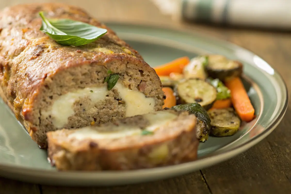 Sliced Italian meatloaf with a cheesy center, garnished with basil