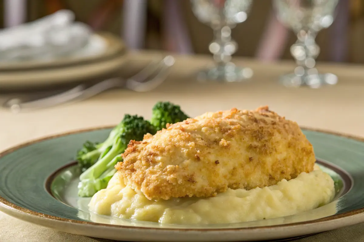 A golden-brown Longhorn Steakhouse parmesan crusted chicken breast.