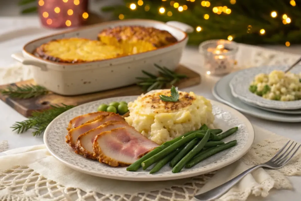 Pineapple casserole served with roasted ham and sides on a holiday table