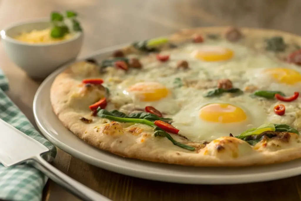 Breakfast pizza served in a school cafeteria with children