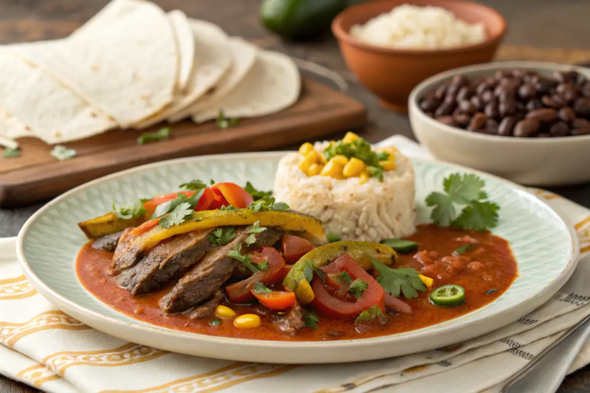 Plated Bistec Ranchero with tender beef, vibrant ranchero sauce, Mexican rice, and refried beans