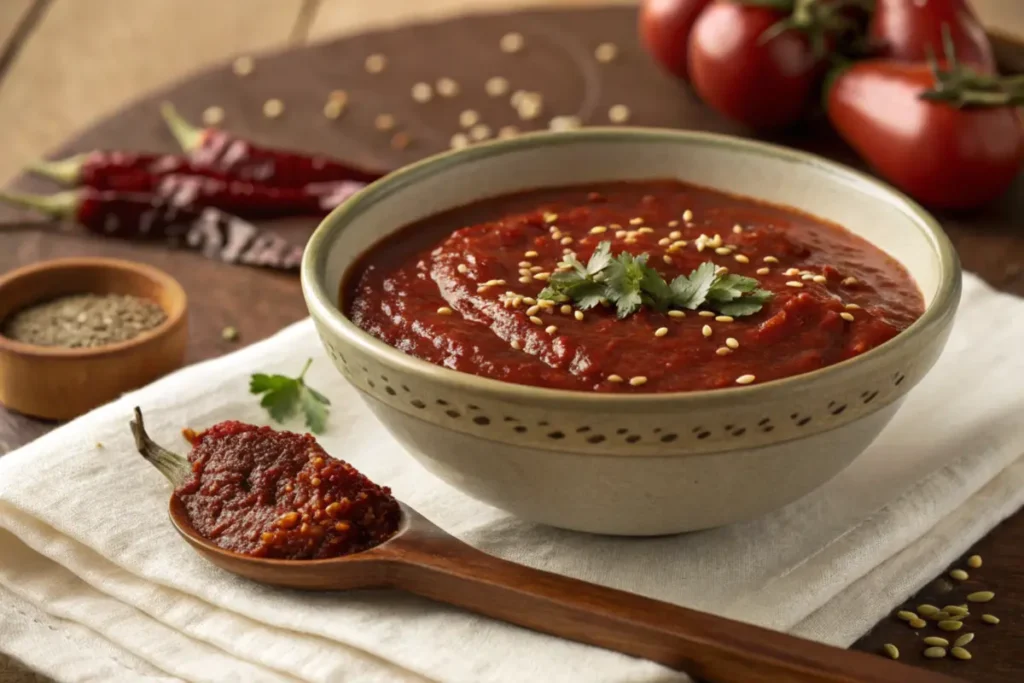 Guajillo Sauce in a ceramic bowl, garnished with oregano and toasted seeds, surrounded by dried chilies and a wooden spoon