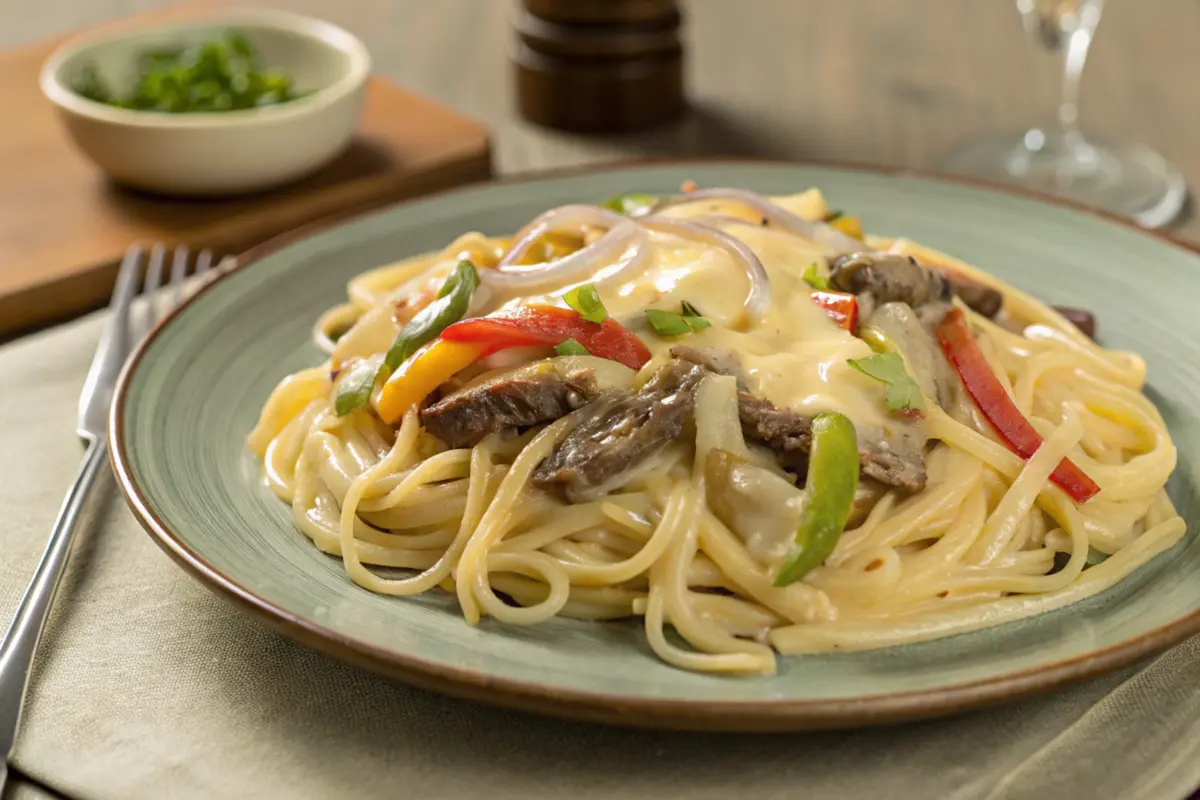 A delicious Philly Cheesesteak Pasta dish with creamy cheese sauce, steak, and sautéed vegetables, served on an elegant table setting.