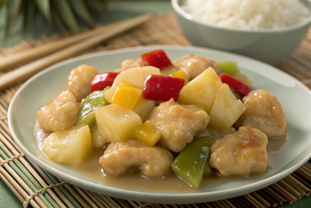 A bowl of Sweet Hawaiian Crockpot Chicken with tender chicken, pineapple chunks, red bell peppers, and a savory-sweet glaze, garnished with sesame seeds.