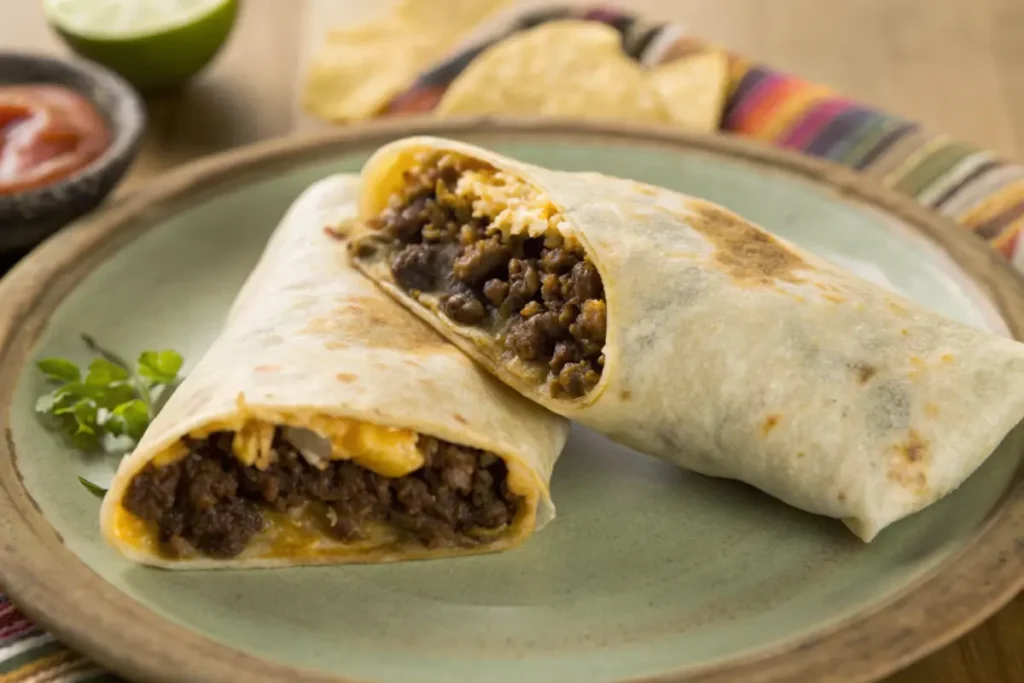 A sliced Beefy Five Layer Burrito with seasoned beef, refried beans, cheese, and sour cream, served with chips and salsa.