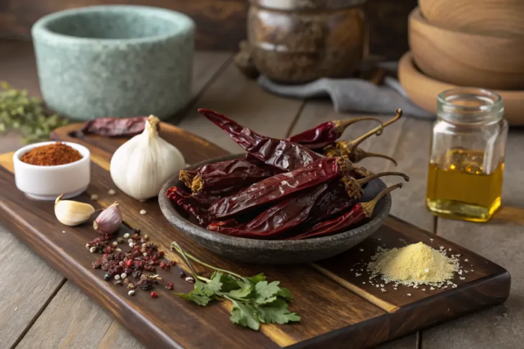 Ingredients for Guajillo Sauce, including dried guajillo chilies, garlic, onion, cumin, oregano, and oil