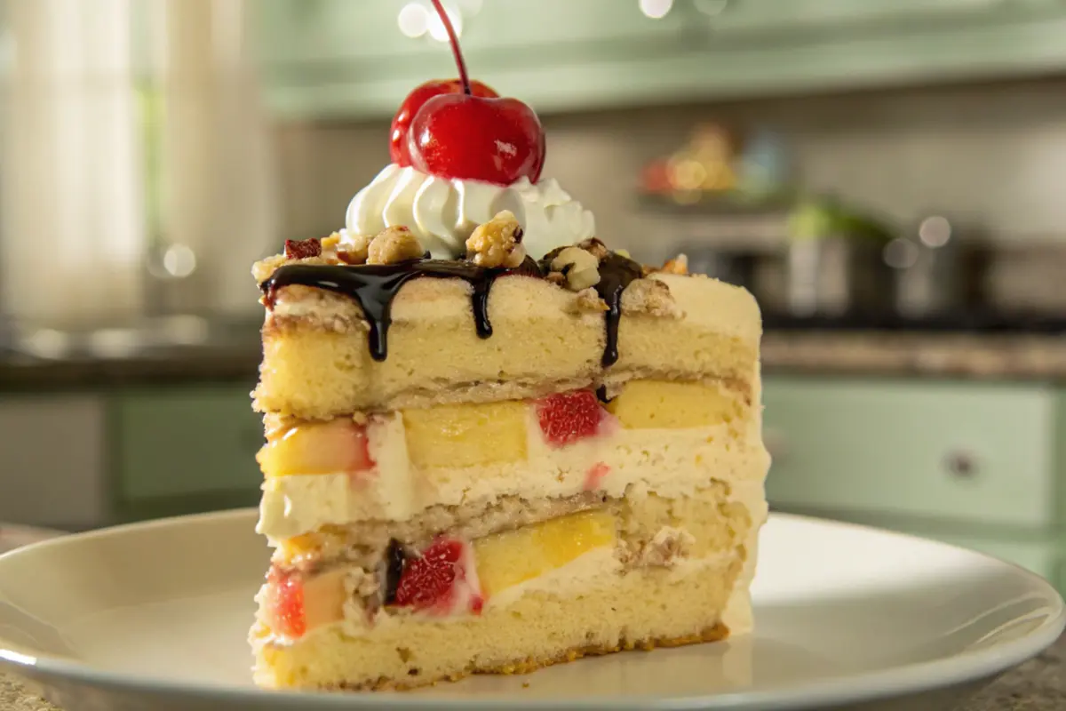 Slice of banana split cake with fresh fruits and whipped cream.