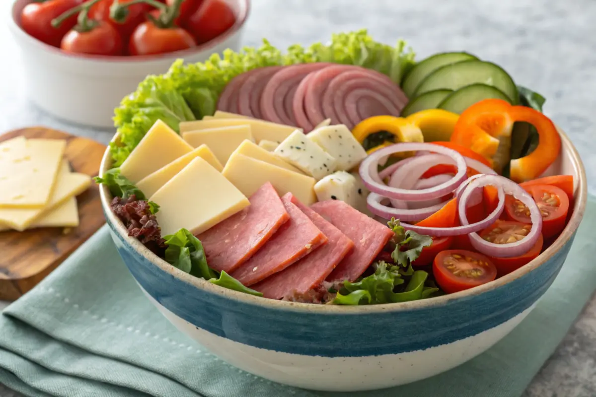 Low-carb Sub in a Tub filled with meats, cheese, and vegetables.