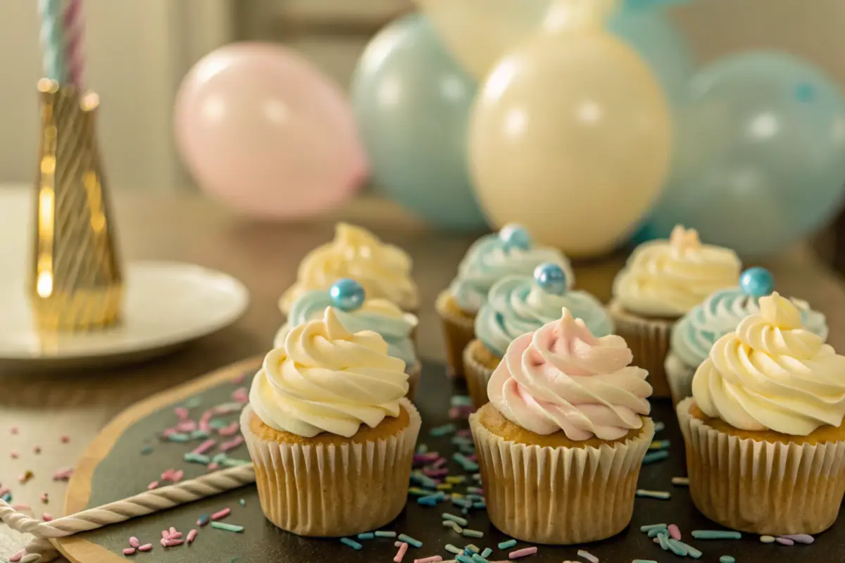 Gender reveal cupcakes with pink and blue frosting on a party table