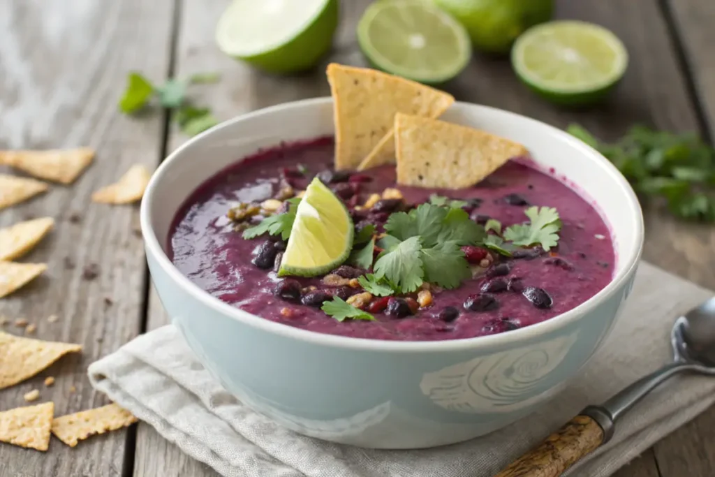 Bowl of purple black bean soup with cilantro, lime, and tortilla chips