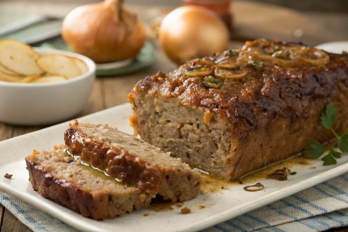 Lipton onion soup meatloaf close-up.