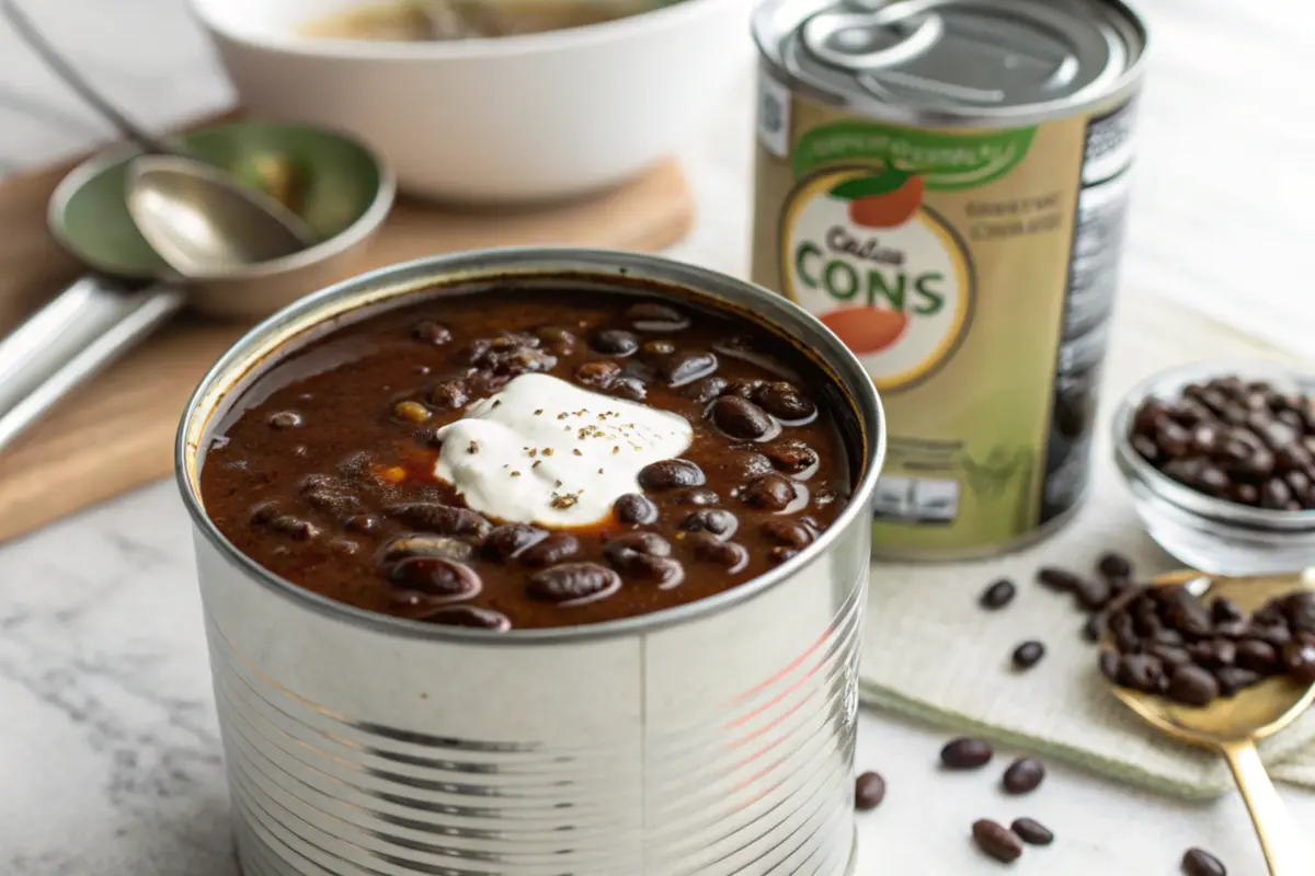 Open can of Goya black bean soup with white substance.