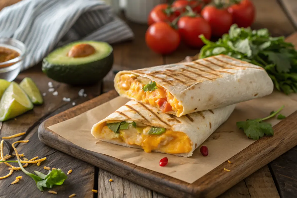 An overhead shot of all the ingredients for a grilled cheese burrito neatly arranged on a countertop, including flour tortillas, various cheeses, fresh vegetables, butter, and seasonings, vibrant colors