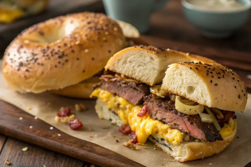 A delicious steak egg cheese bagel sandwich.